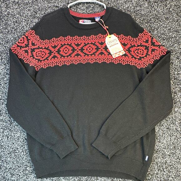 Chaps Other - Chaps Mens L Black Red Crew Neck Fair Isle Cotton Knit Pullover Sweater Logo